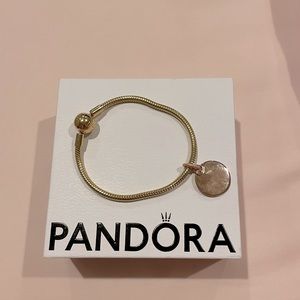 Gold Pandora Moments Snake Chain
Bracelet + Rose Gold Engravable Round Pendant